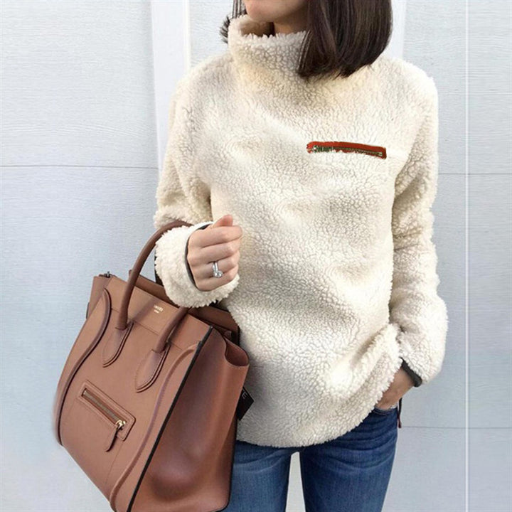 Women's cozy teddy fleece pullover with stand-up collar and chest zipper Mune Fashion