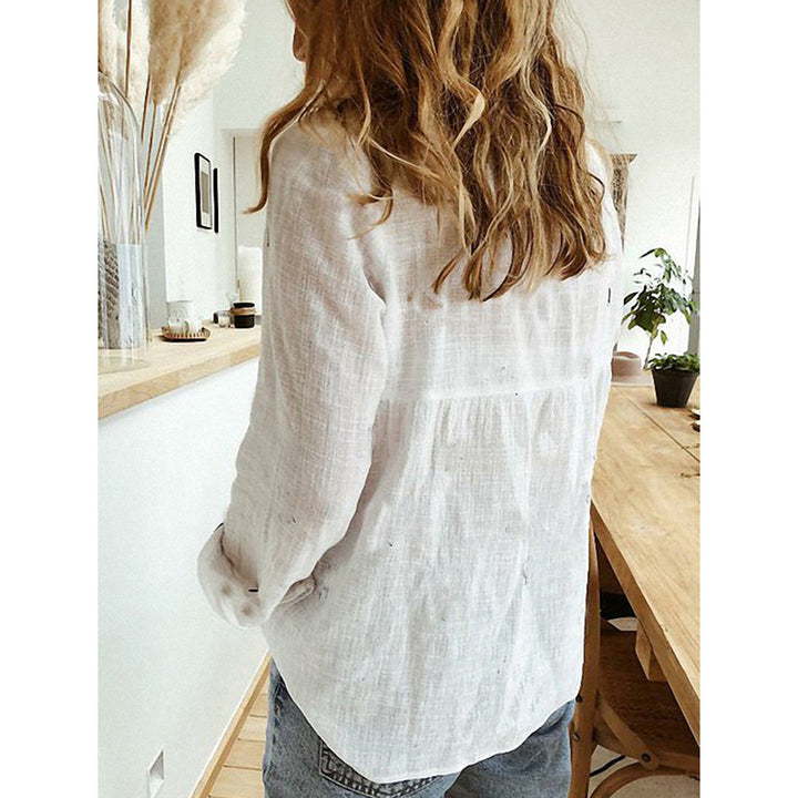 Women's loose linen blouse with star print V-neck buttoned front Mune Fashion
