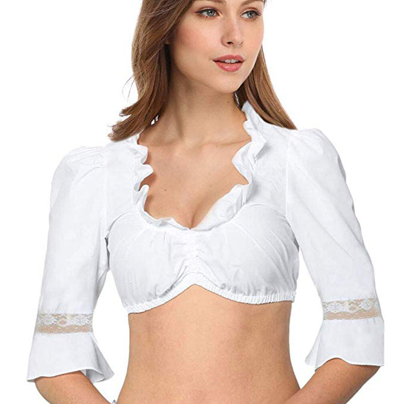 Women's traditional Dirndl blouse with ruffle neckline and lace trim as well as three-quarter sleeves Mune Fashion