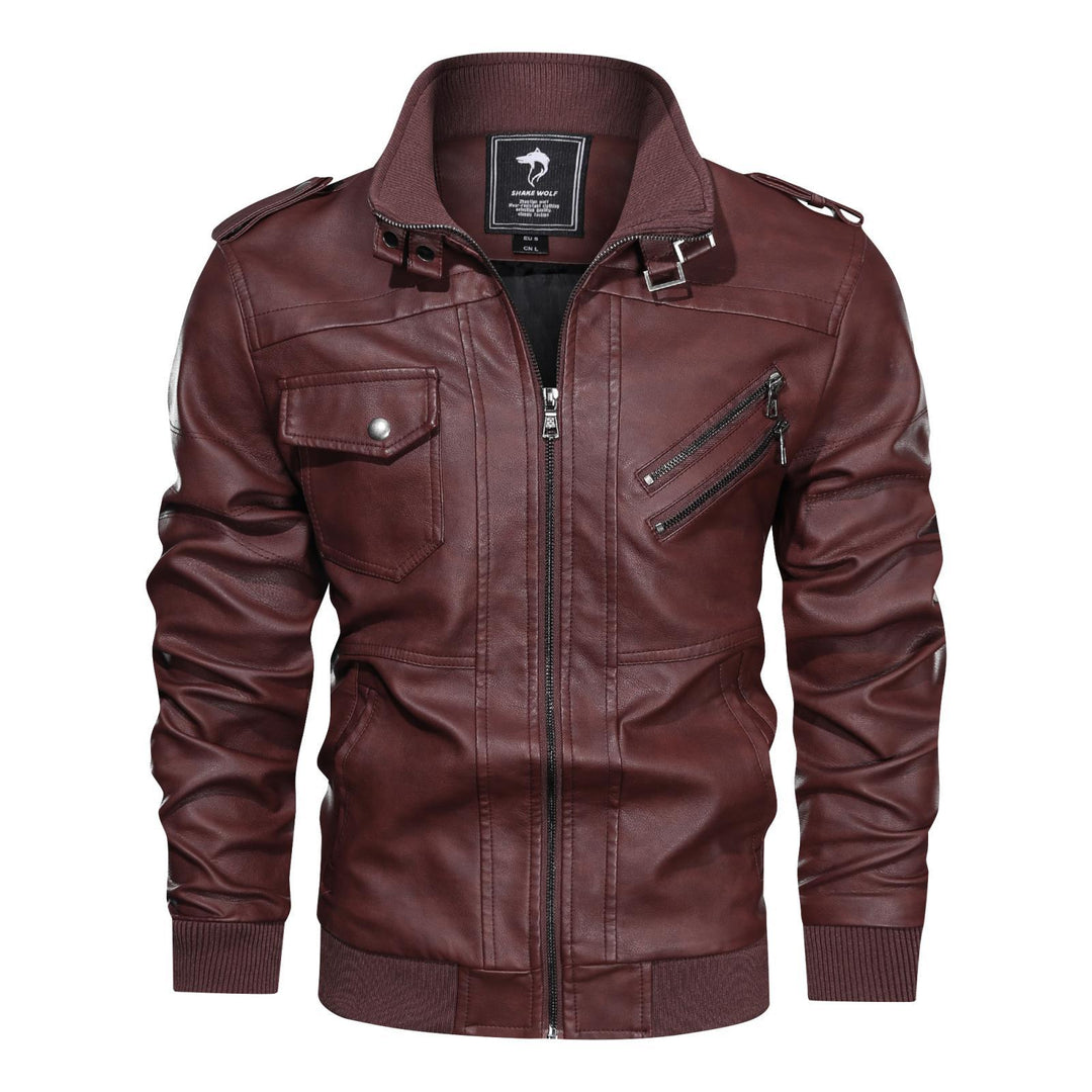 Men's leather jacket in biker style with stand-up collar, zipper pockets, and elastic cuffs Mune Fashion