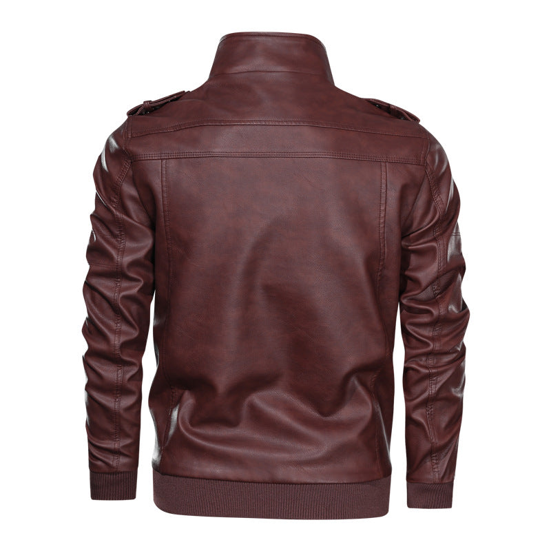 Men's leather jacket in biker style with stand-up collar, zipper pockets, and elastic cuffs Mune Fashion