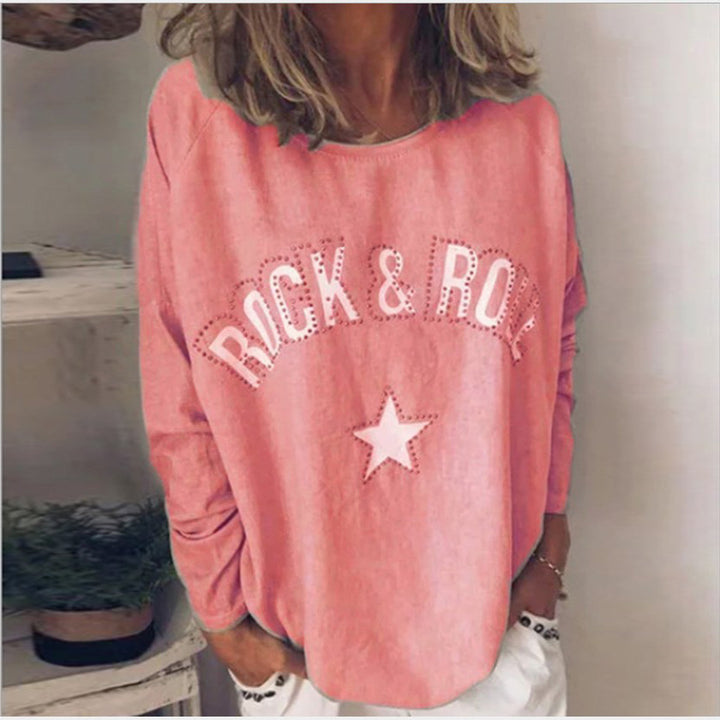 Women's Oversized Sweatshirt with Rock-and-Roll Print and Star Appliqué Mune Fashion