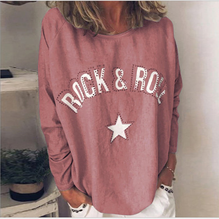 Women's Oversized Sweatshirt with Rock-and-Roll Print and Star Appliqué Mune Fashion