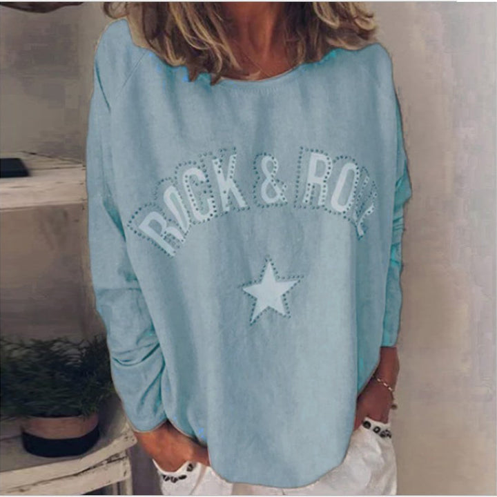 Women's Oversized Sweatshirt with Rock-and-Roll Print and Star Appliqué Mune Fashion