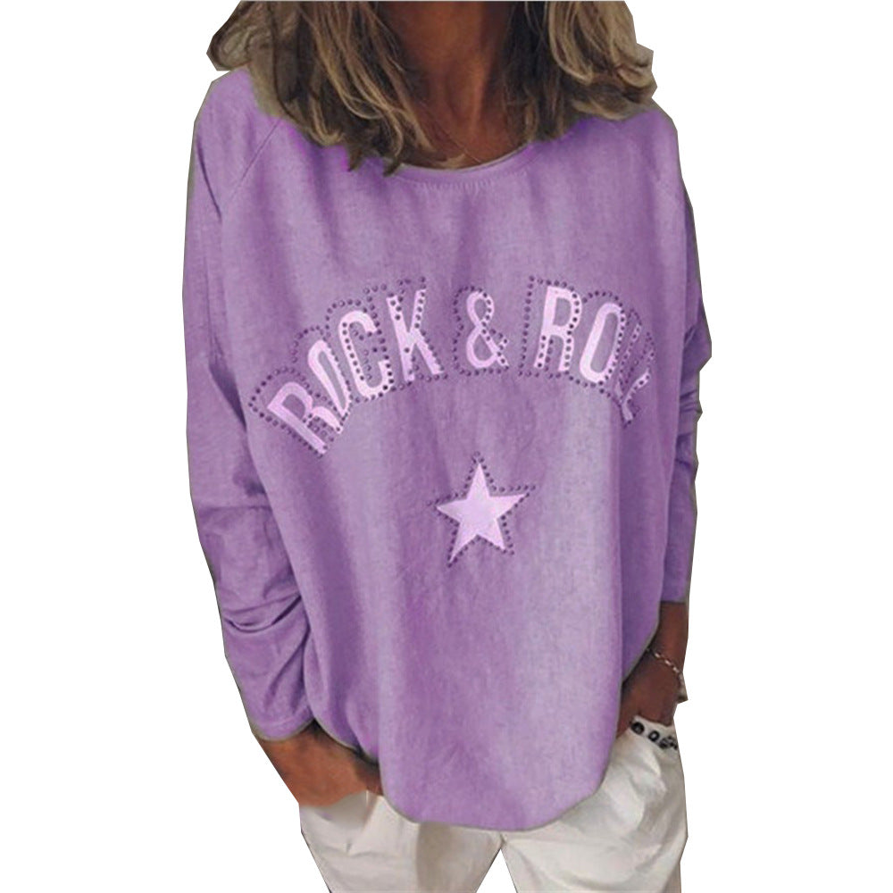 Women's Oversized Sweatshirt with Rock-and-Roll Print and Star Appliqué Mune Fashion
