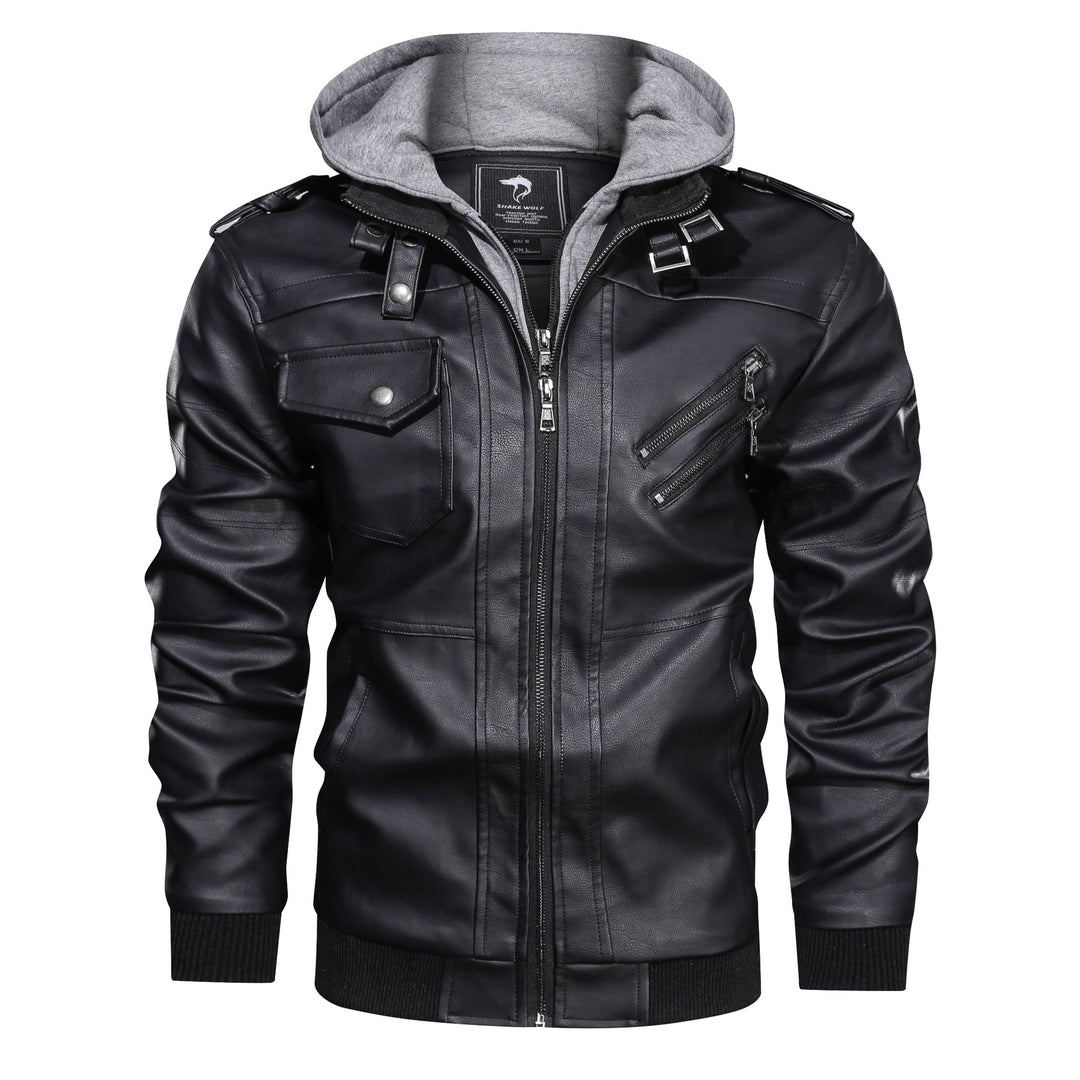 Men's Leatherette Bomber Jacket with Hooded Insert in Sweat Look & Utility Details Mune Fashion