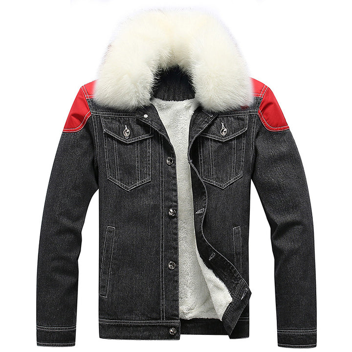 Men's Denim Worker Jacket with Faux Fur Collar, Teddy Lining and Red Shoulder Patches Mune Fashion