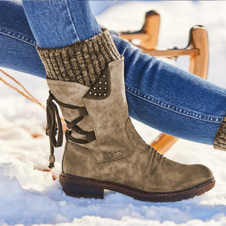 Ladies nan padded lace-up ankle boots with knitted shaft, decorative tassel and stud detail Mune Fashion