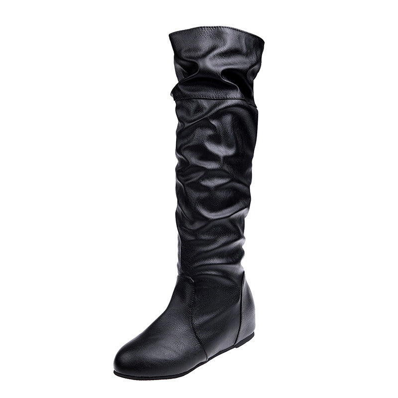 Ladies Over-the-Knee Boots made of soft synthetic leather with slouchy shaft and flat wedge heel Mune Fashion