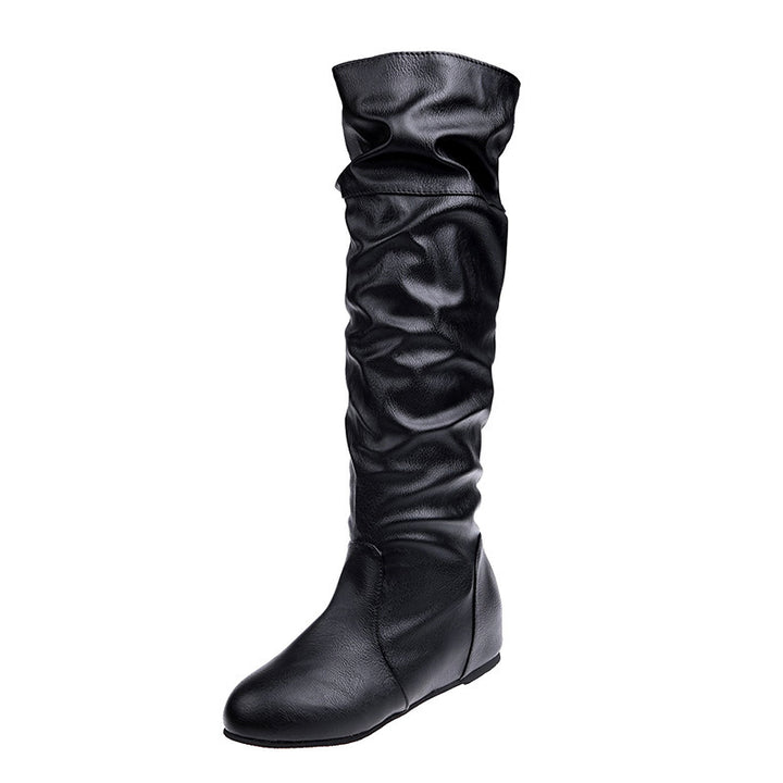 Ladies Over-the-Knee Boots made of soft synthetic leather with slouchy shaft and flat wedge heel Mune Fashion