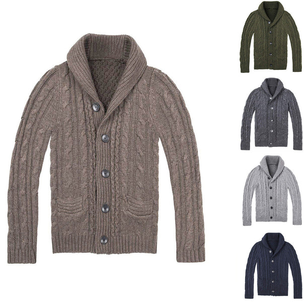 Men's Cardigan with Classic Cable Knit Pattern and Practical Pockets Mune