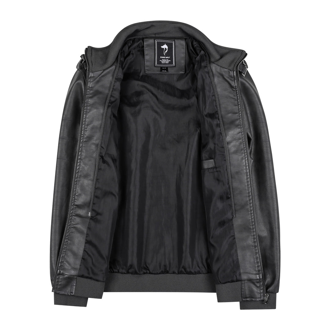 Men's leather jacket in biker style with stand-up collar, zipper pockets, and elastic cuffs Mune Fashion