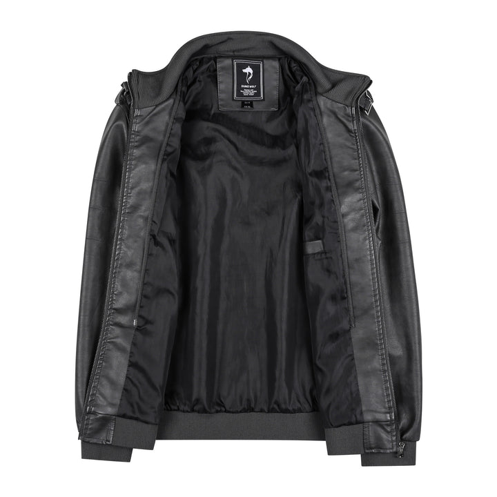 Men's leather jacket in biker style with stand-up collar, zipper pockets, and elastic cuffs Mune Fashion