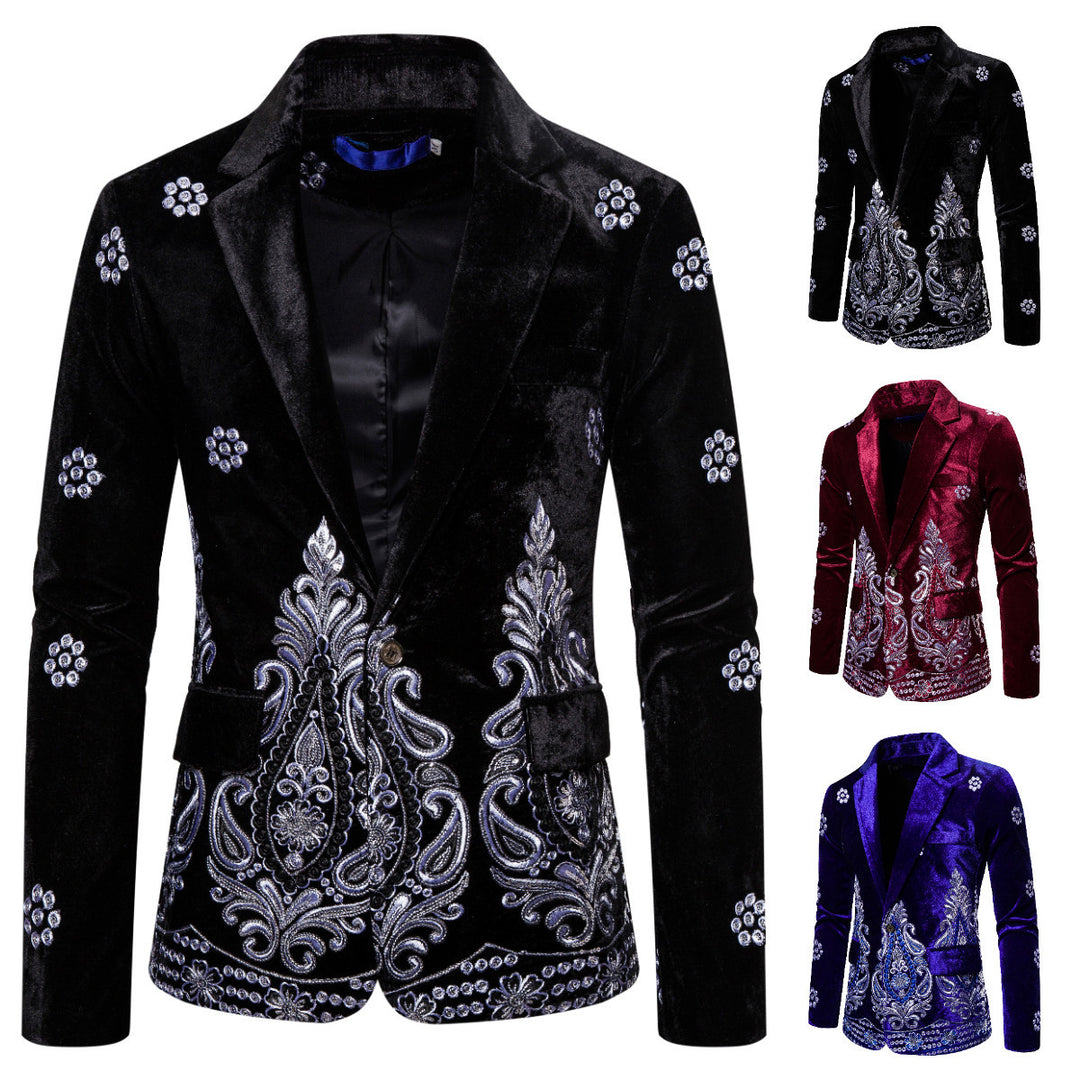 Men's Velvet Blazer with Elaborate Embroidery and Shawl Collar Mune Fashion