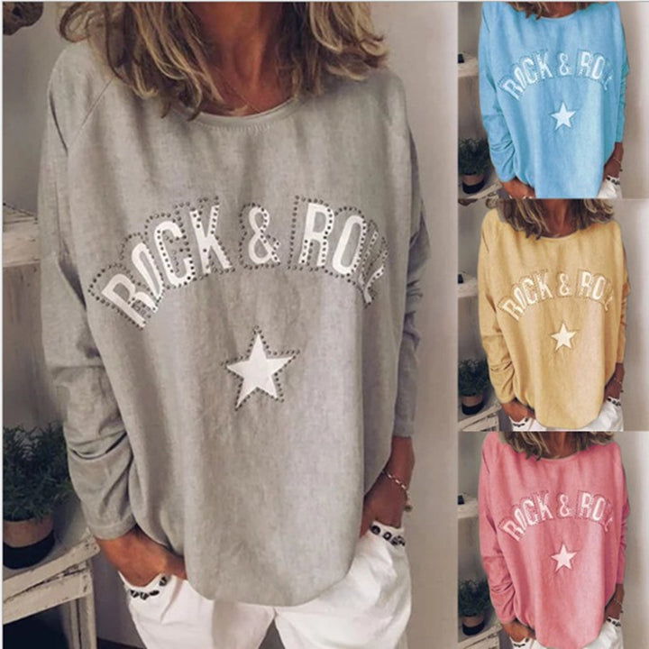 Women's Oversized Sweatshirt with Rock-and-Roll Print and Star Appliqué Mune Fashion