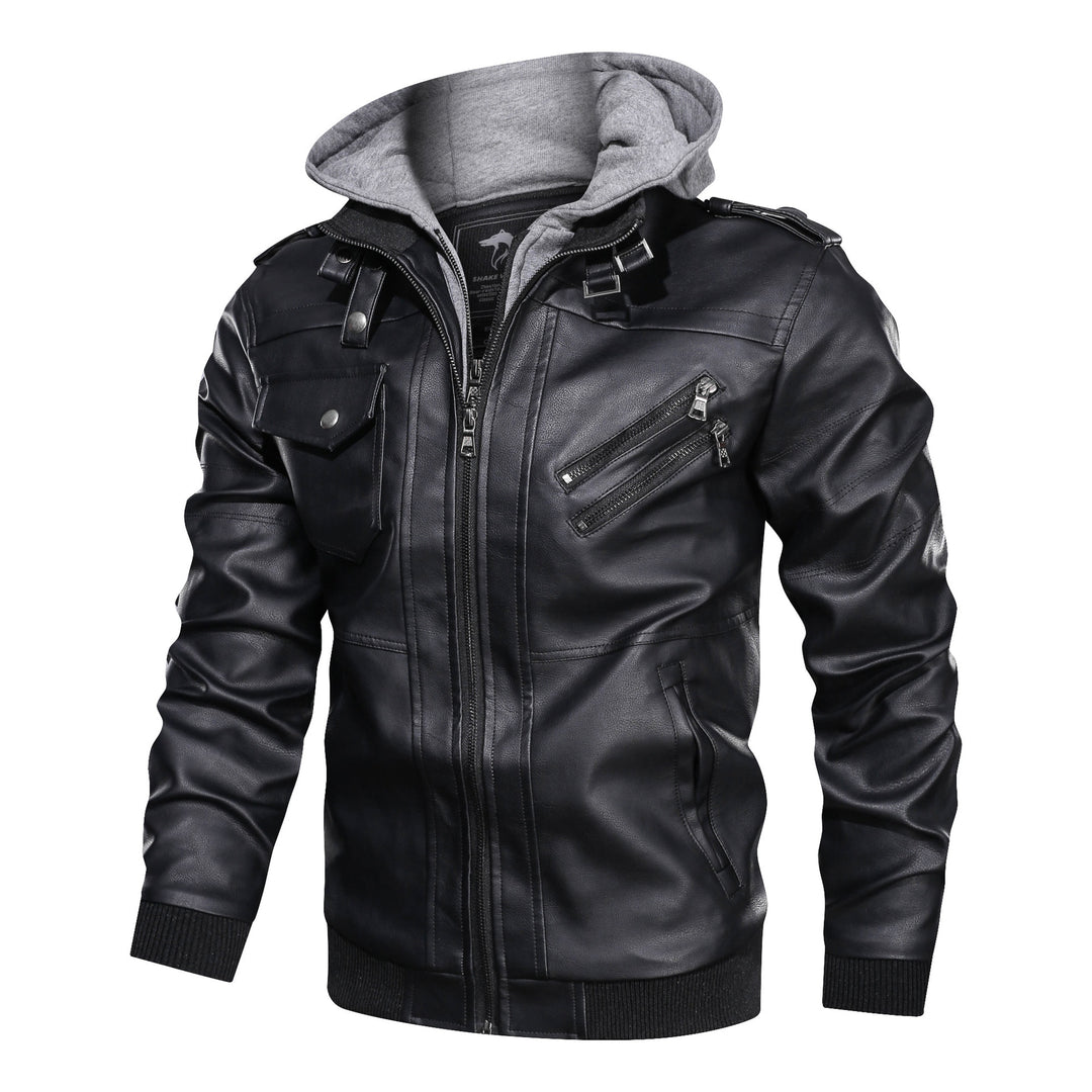 Men's Leatherette Bomber Jacket with Hooded Insert in Sweat Look & Utility Details Mune Fashion