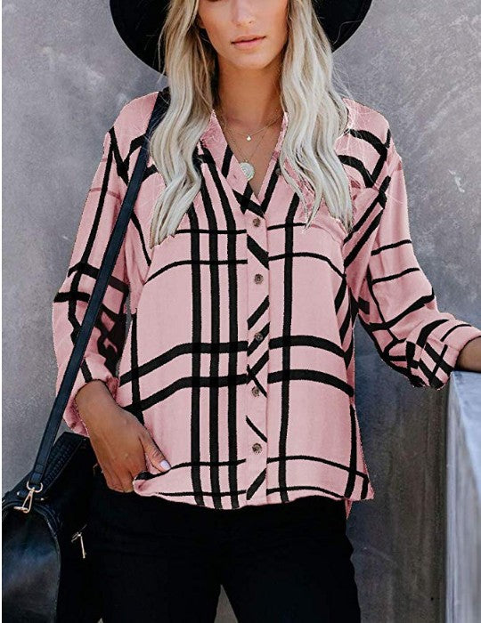 Women Oversize Shirt Blouse with Check Pattern, Chest Pocket and Roll-Up Sleeves Mune Fashion