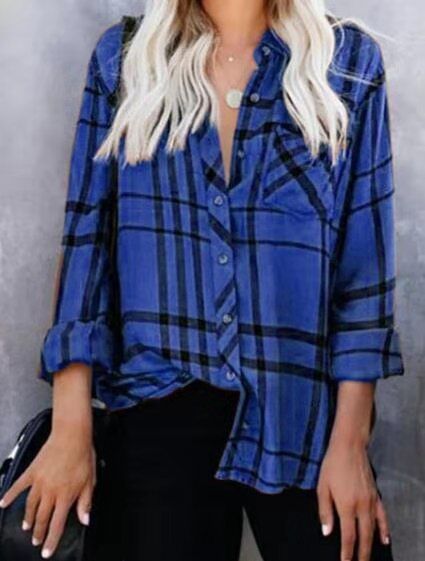 Women Oversize Shirt Blouse with Check Pattern, Chest Pocket and Roll-Up Sleeves Mune Fashion