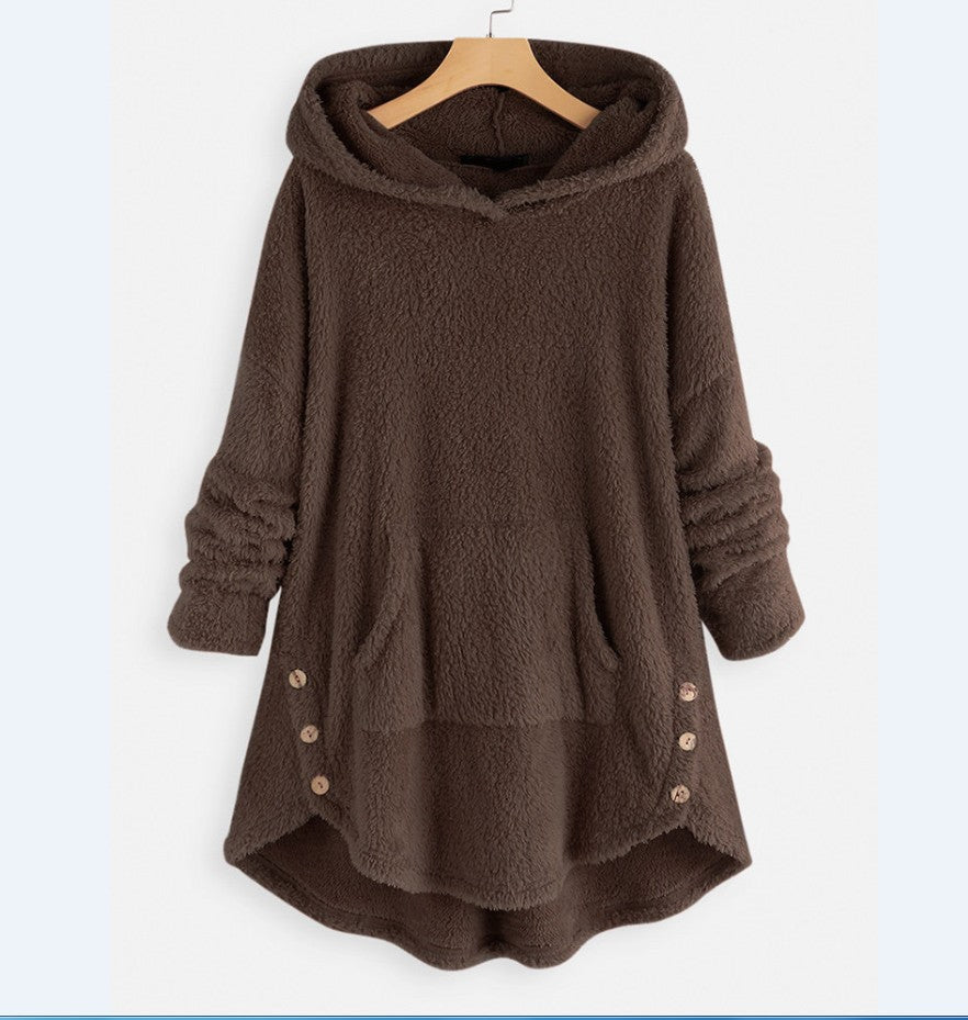 Women's cuddly teddy hoodie with kangaroo pocket, button placket on the sides and rounded hem Mune Fashion