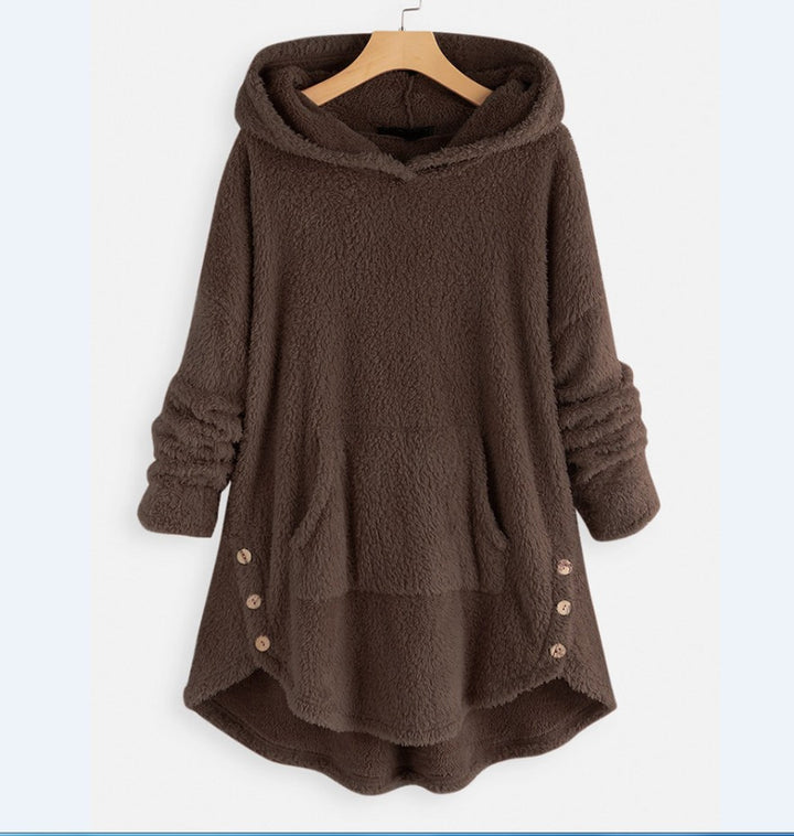Women's cuddly teddy hoodie with kangaroo pocket, button placket on the sides and rounded hem Mune Fashion