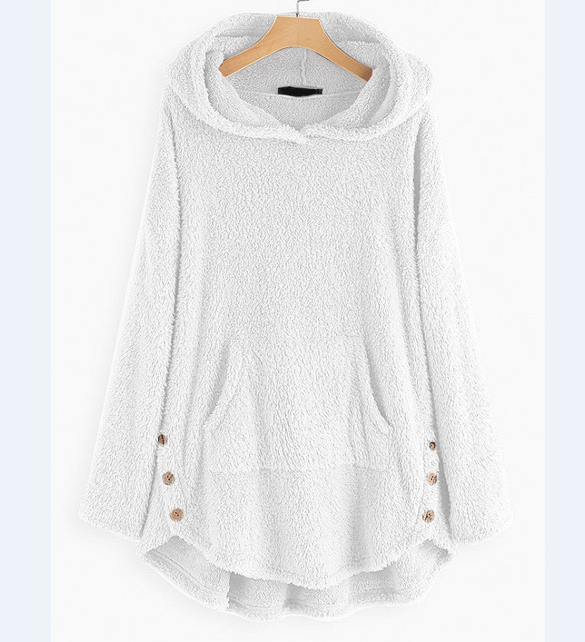 Women's cuddly teddy hoodie with kangaroo pocket, button placket on the sides and rounded hem Mune Fashion