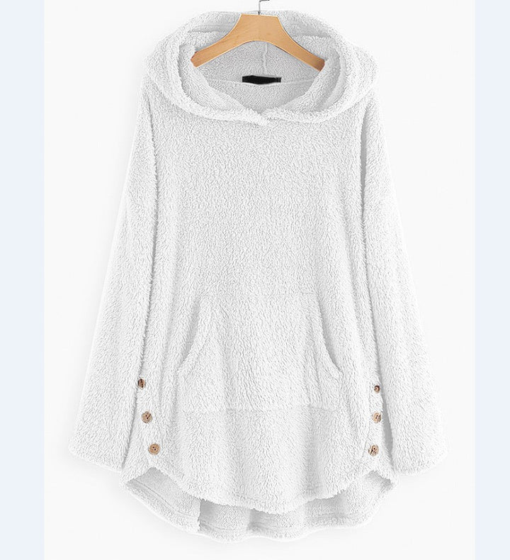 Women's cuddly teddy hoodie with kangaroo pocket, button placket on the sides and rounded hem Mune Fashion