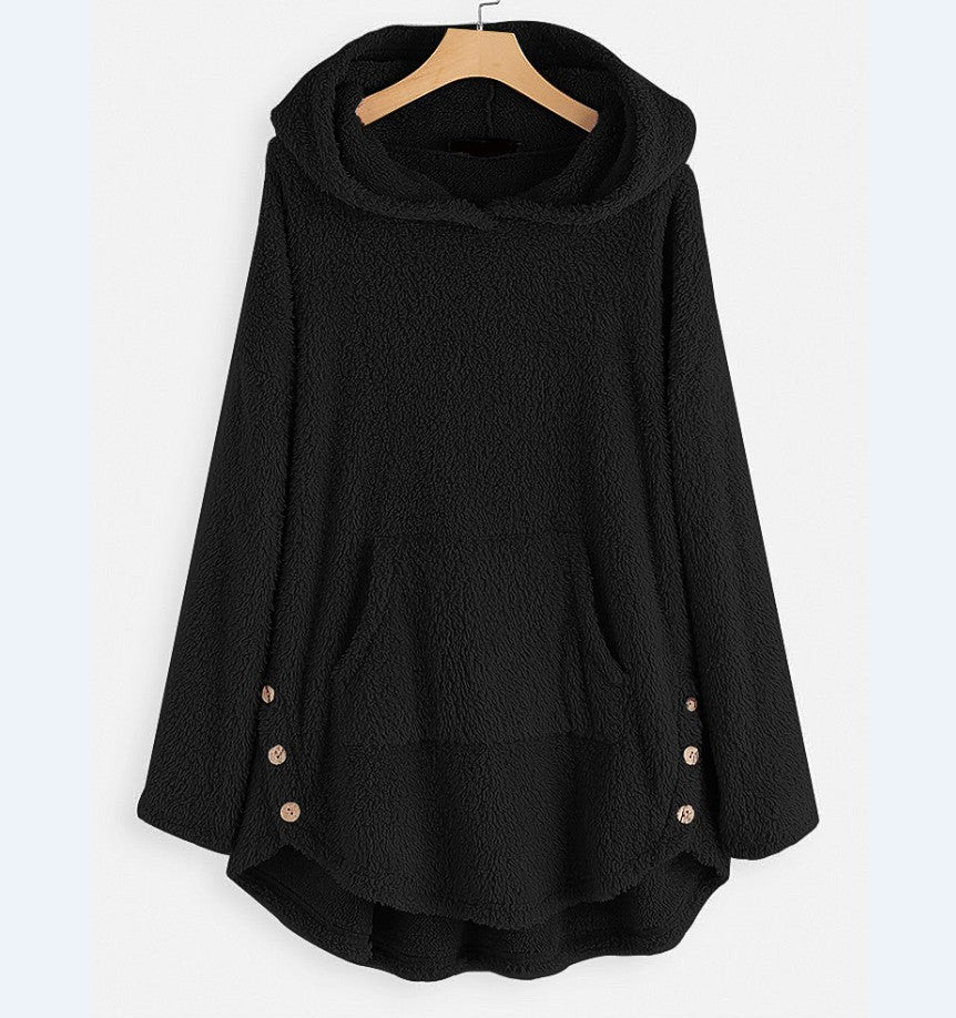 Women's cuddly teddy hoodie with kangaroo pocket, button placket on the sides and rounded hem Mune Fashion
