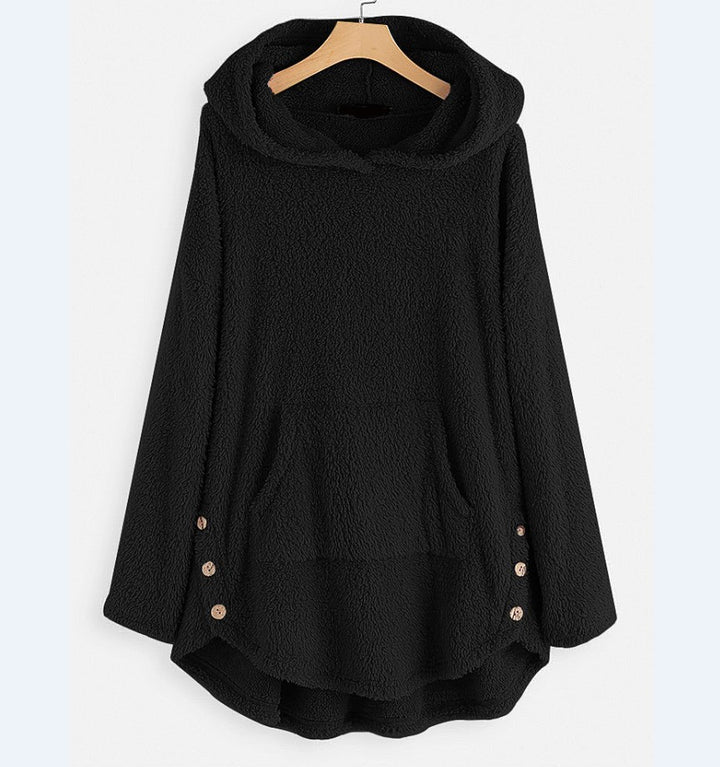 Women's cuddly teddy hoodie with kangaroo pocket, button placket on the sides and rounded hem Mune Fashion