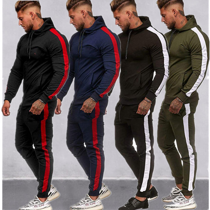 Men's figure-hugging hooded tracksuit with full zip, drawstring, and contrasting side stripe Mune Fashion