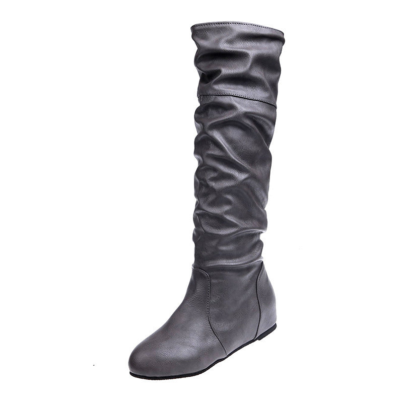 Ladies Over-the-Knee Boots made of soft synthetic leather with slouchy shaft and flat wedge heel Mune Fashion
