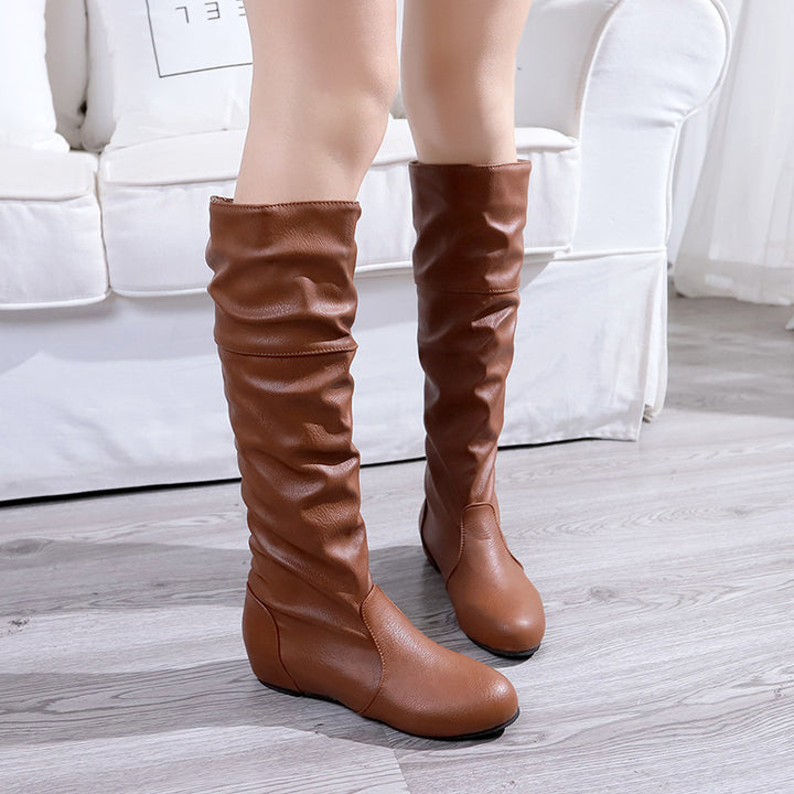 Ladies Over-the-Knee Boots made of soft synthetic leather with slouchy shaft and flat wedge heel Mune Fashion