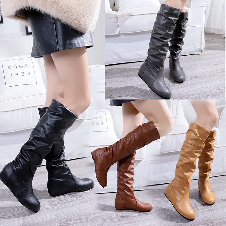 Ladies Over-the-Knee Boots made of soft synthetic leather with slouchy shaft and flat wedge heel Mune Fashion