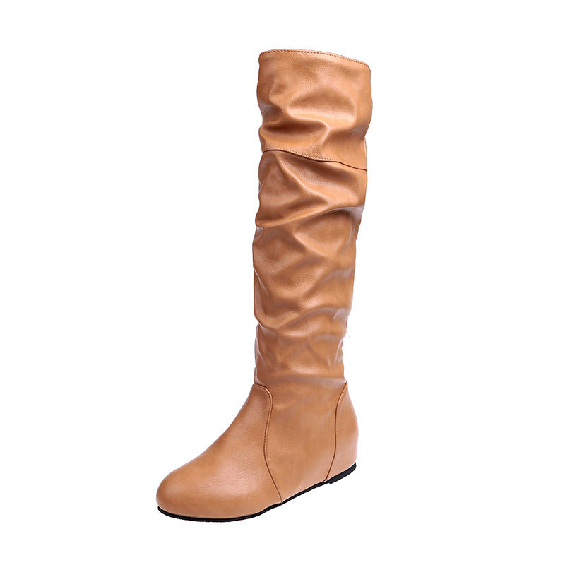 Ladies Over-the-Knee Boots made of soft synthetic leather with slouchy shaft and flat wedge heel Mune Fashion