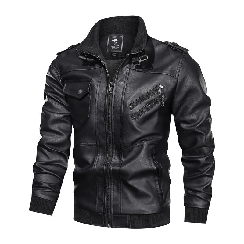 Men's leather jacket in biker style with stand-up collar, zipper pockets, and elastic cuffs Mune Fashion