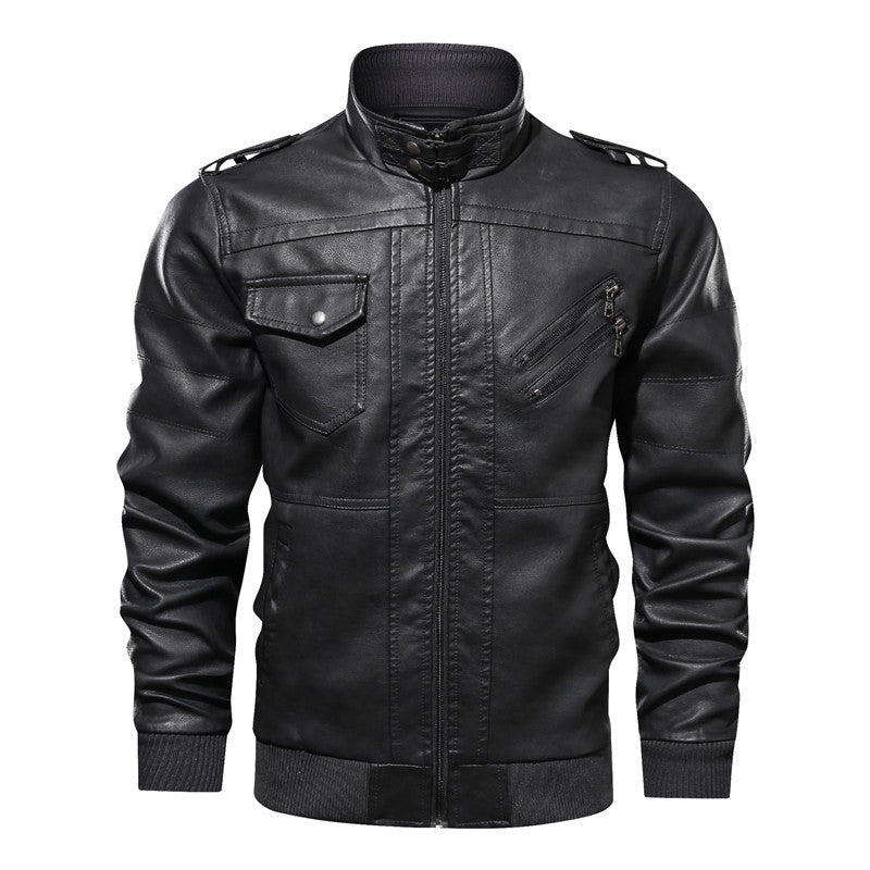 Men's leather jacket in biker style with stand-up collar, zipper pockets, and elastic cuffs Mune Fashion