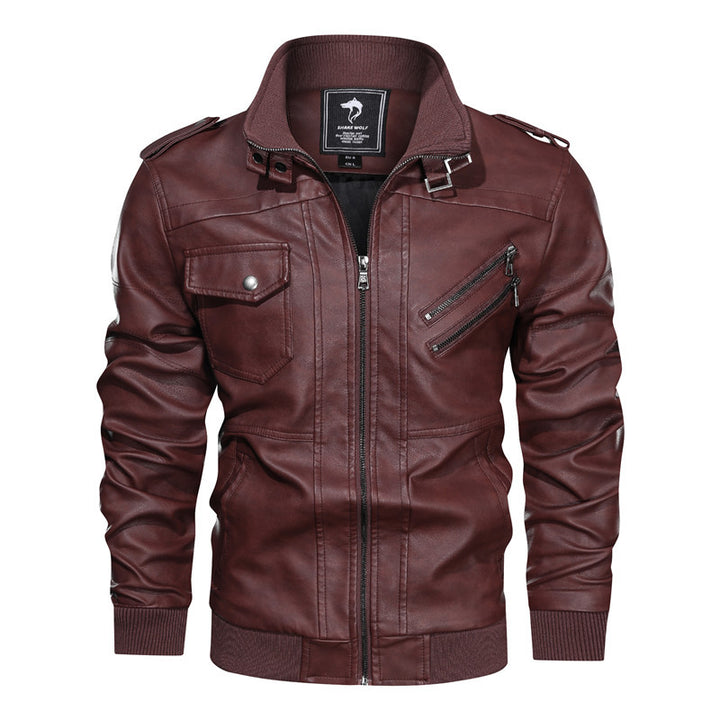 Men's leather jacket in biker style with stand-up collar, zipper pockets, and elastic cuffs Mune Fashion