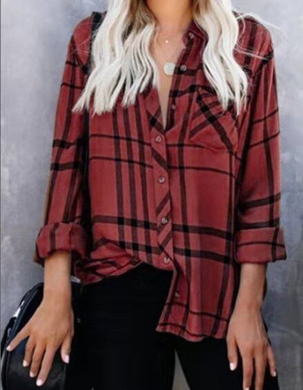 Women Oversize Shirt Blouse with Check Pattern, Chest Pocket and Roll-Up Sleeves Mune Fashion