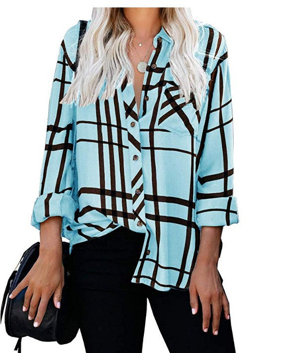 Women Oversize Shirt Blouse with Check Pattern, Chest Pocket and Roll-Up Sleeves Mune Fashion