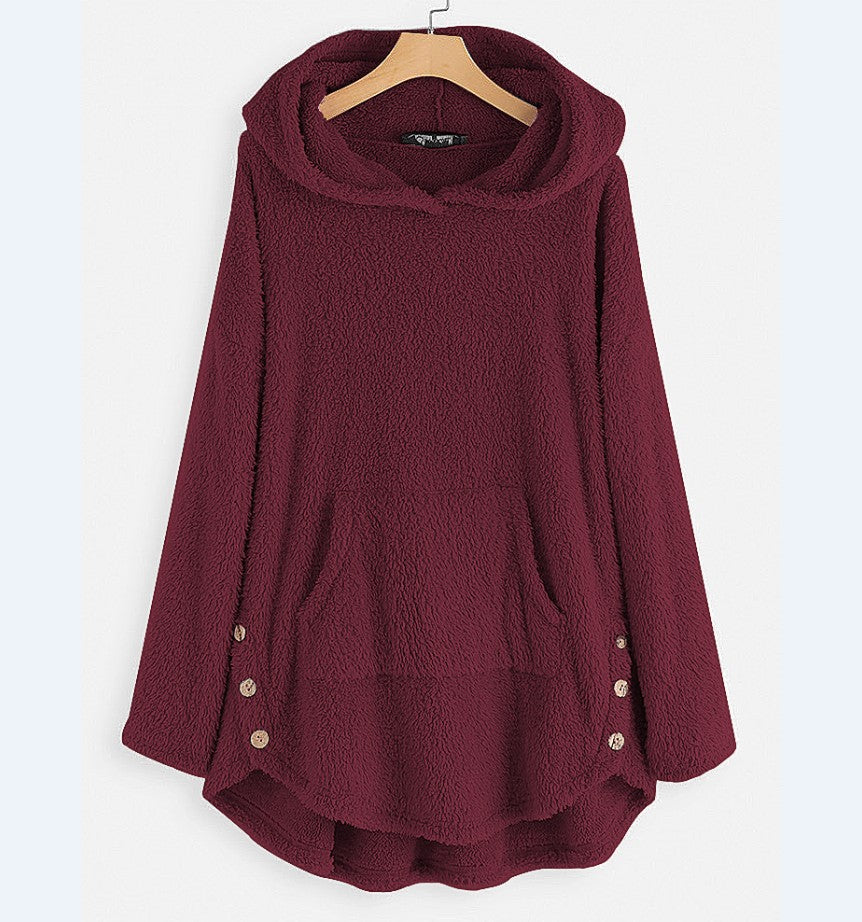 Women's cuddly teddy hoodie with kangaroo pocket, button placket on the sides and rounded hem Mune Fashion