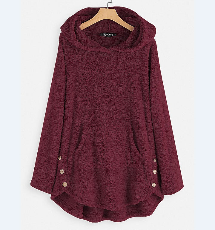 Women's cuddly teddy hoodie with kangaroo pocket, button placket on the sides and rounded hem Mune Fashion