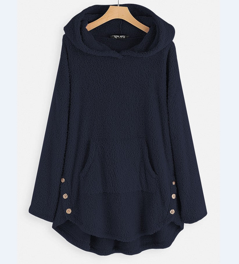 Women's cuddly teddy hoodie with kangaroo pocket, button placket on the sides and rounded hem Mune Fashion