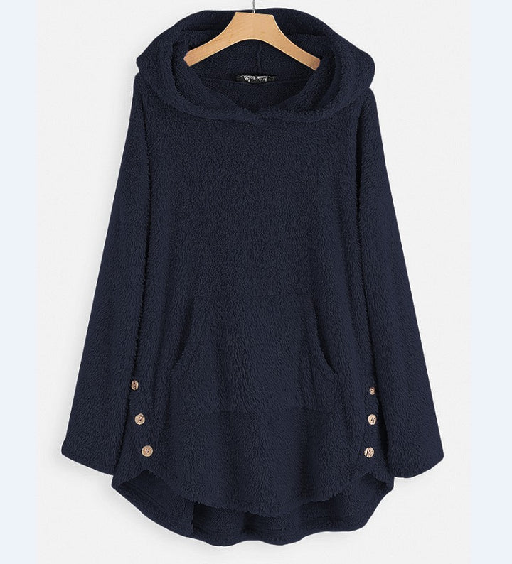 Women's cuddly teddy hoodie with kangaroo pocket, button placket on the sides and rounded hem Mune Fashion