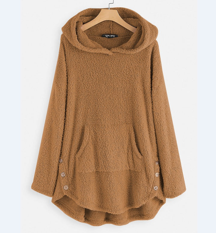 Women's cuddly teddy hoodie with kangaroo pocket, button placket on the sides and rounded hem Mune Fashion