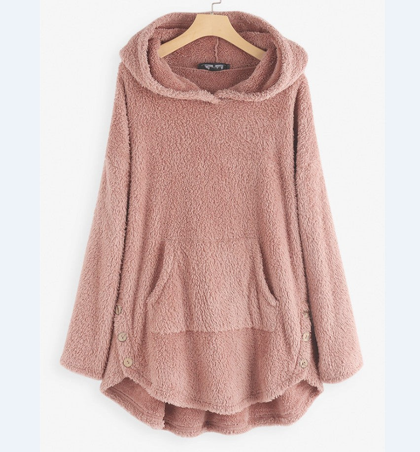 Women's cuddly teddy hoodie with kangaroo pocket, button placket on the sides and rounded hem Mune Fashion