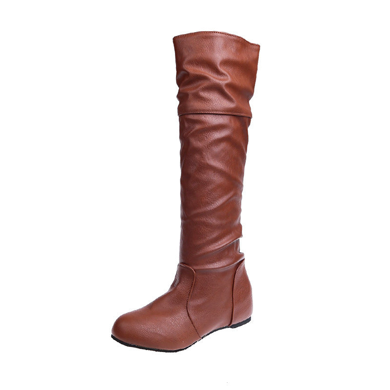 Ladies Over-the-Knee Boots made of soft synthetic leather with slouchy shaft and flat wedge heel Mune Fashion