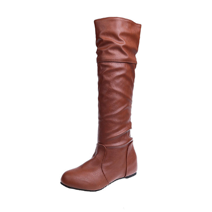 Ladies Over-the-Knee Boots made of soft synthetic leather with slouchy shaft and flat wedge heel Mune Fashion