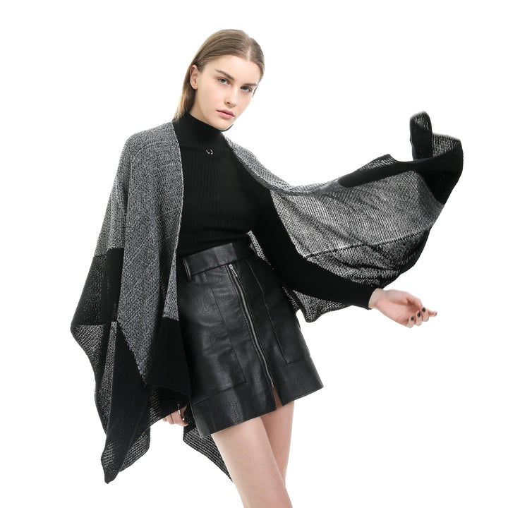 Women Open Knit Ruana with Waterfall Hem and Block Stripes Mune Fashion