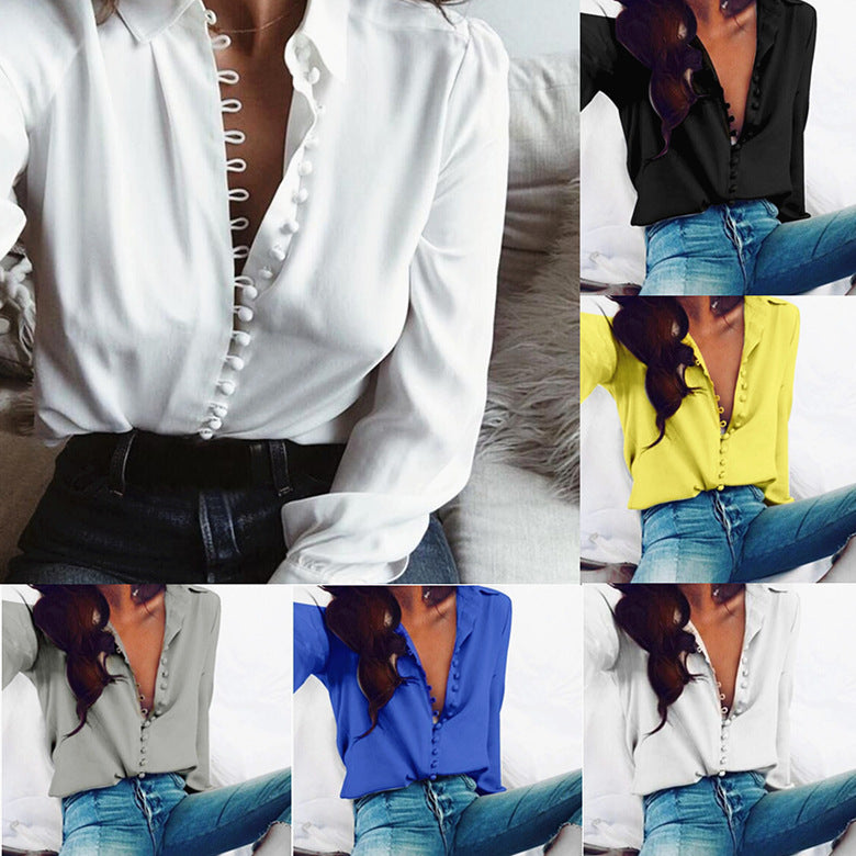 Ladies satin V-blouse with concealed fabric button placket and casual fit Mune Fashion