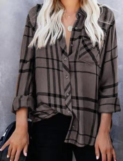 Women Oversize Shirt Blouse with Check Pattern, Chest Pocket and Roll-Up Sleeves Mune Fashion