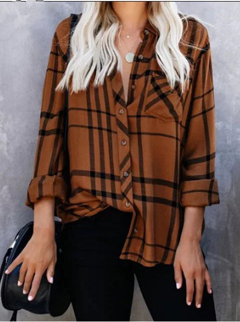 Women Oversize Shirt Blouse with Check Pattern, Chest Pocket and Roll-Up Sleeves Mune Fashion
